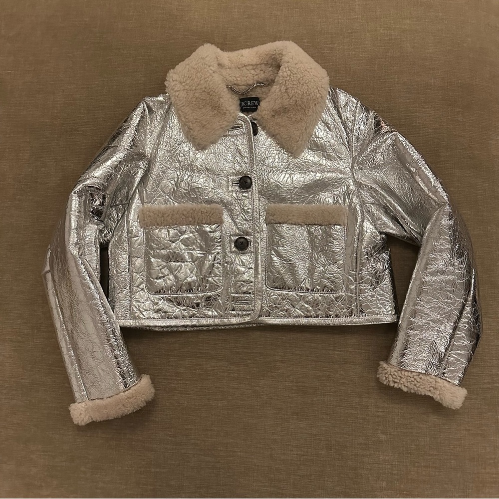 J. Crew Metallic Silver Jacket with Cream Shearling Collar